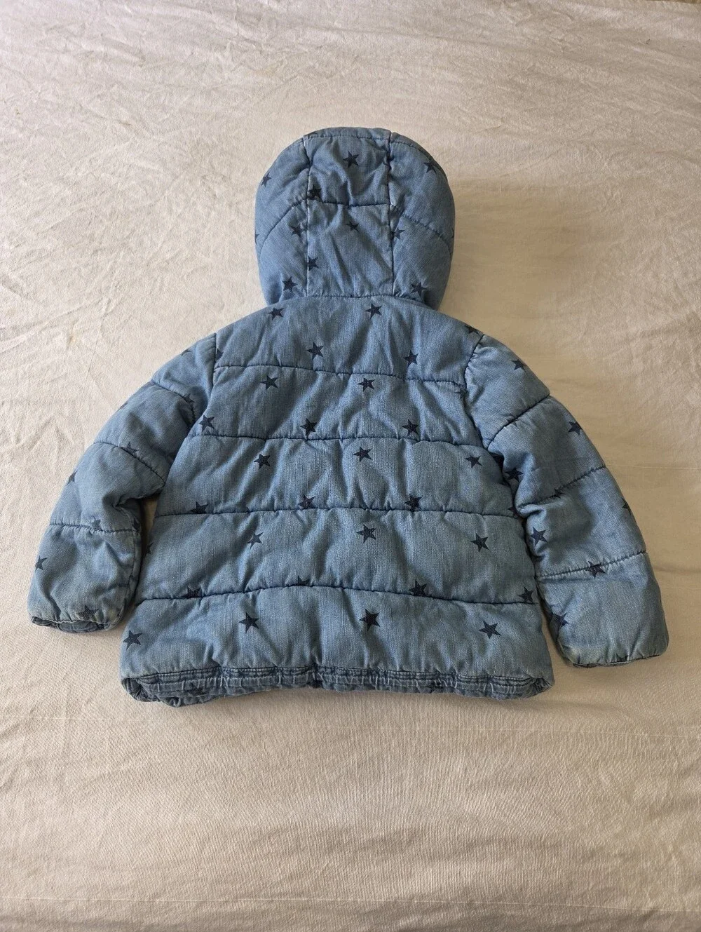 Gap Denim Puffer Jacket Kids Size 4yrs Blue Stars Outdoor Cozy Fall Winter